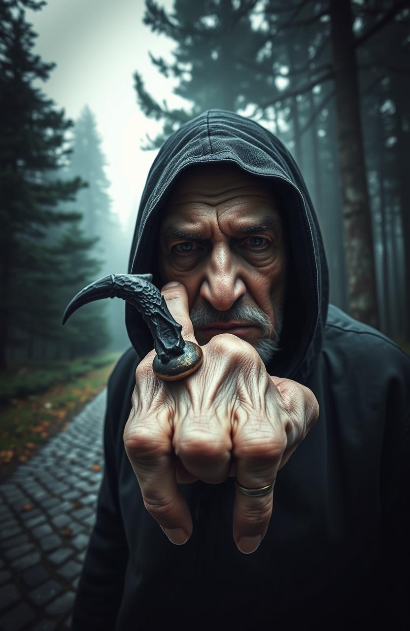 A disgusting old man wearing a hood, showcasing a ring on his finger from which a crow's claw is protruding