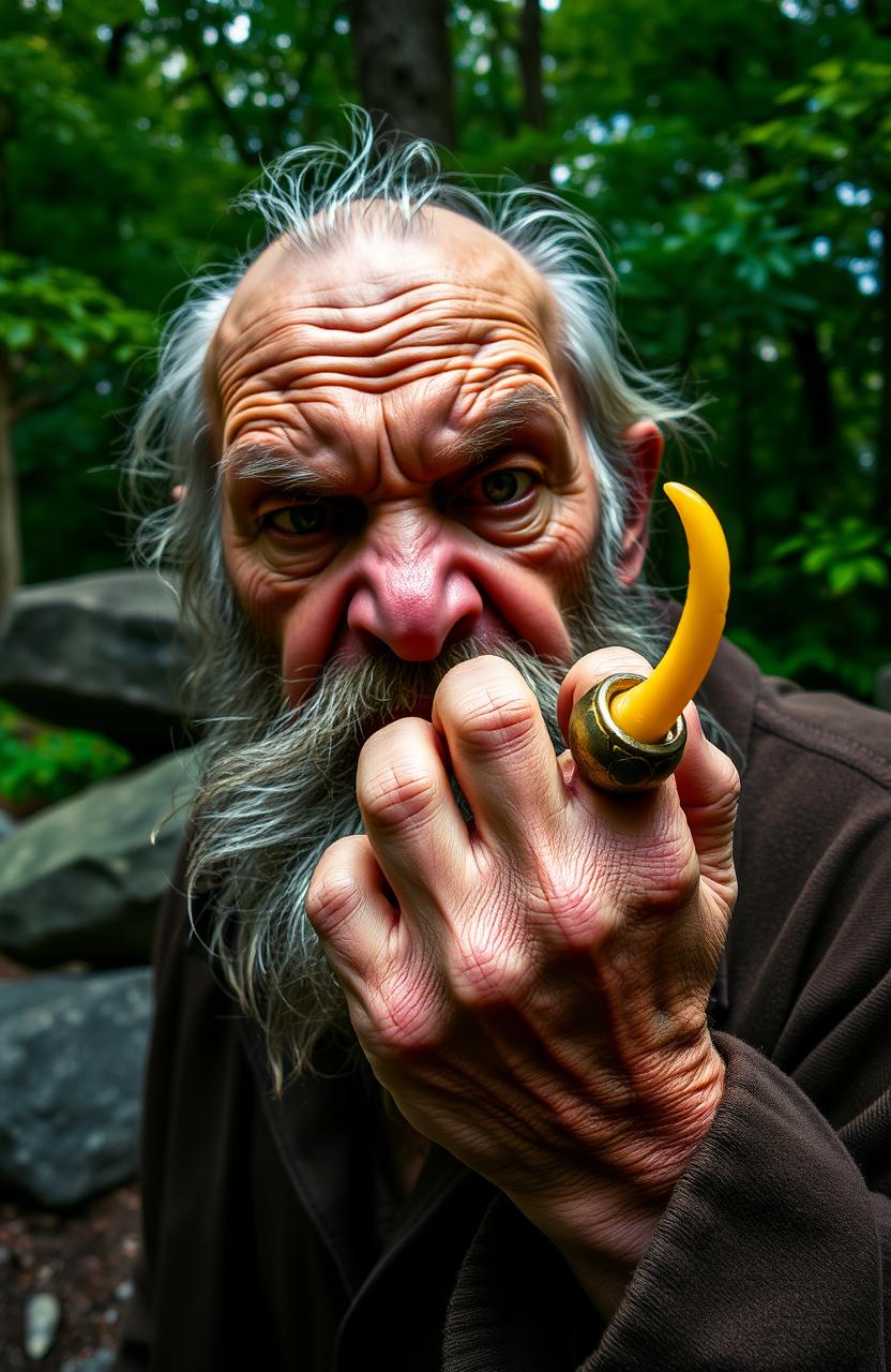 An angry old man with a fierce expression, wearing a prominent ring on his finger from which a small yellow claw emerges