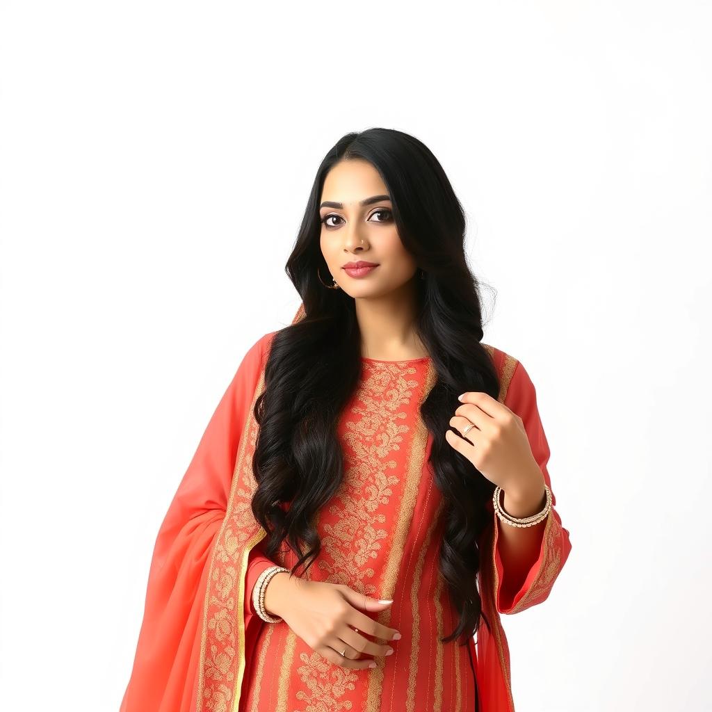 A beautiful woman with long, wavy dark hair stands elegantly, showcasing her legs that peek through the design of her traditional outfit