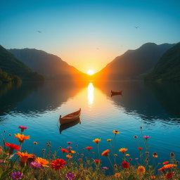 A serene landscape featuring a tranquil lake surrounded by lush green mountains under a clear blue sky