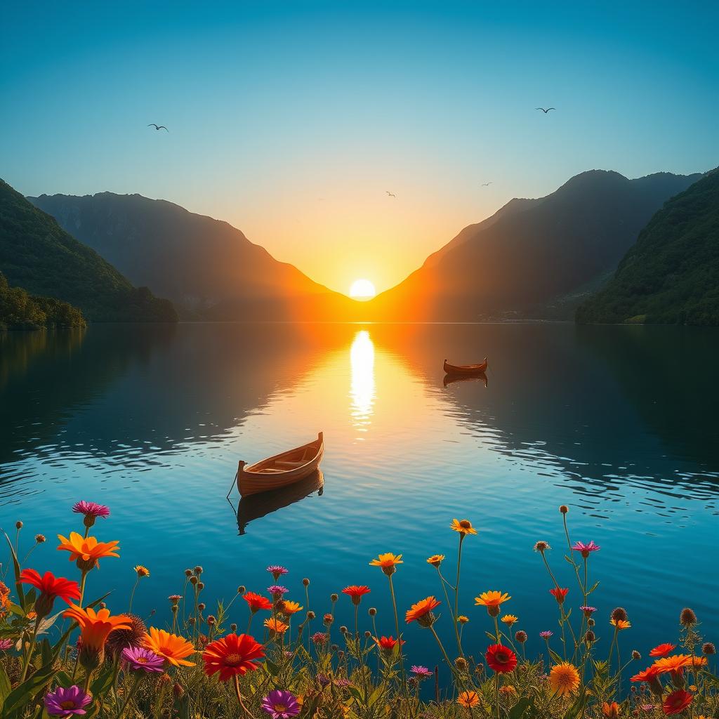 A serene landscape featuring a tranquil lake surrounded by lush green mountains under a clear blue sky