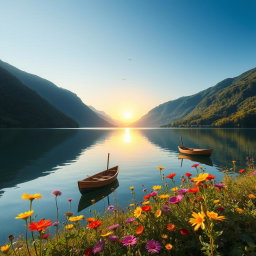 A serene landscape featuring a tranquil lake surrounded by lush green mountains under a clear blue sky