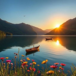 A serene landscape featuring a tranquil lake surrounded by lush green mountains under a clear blue sky