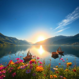 A serene landscape featuring a tranquil lake surrounded by lush green mountains under a clear blue sky