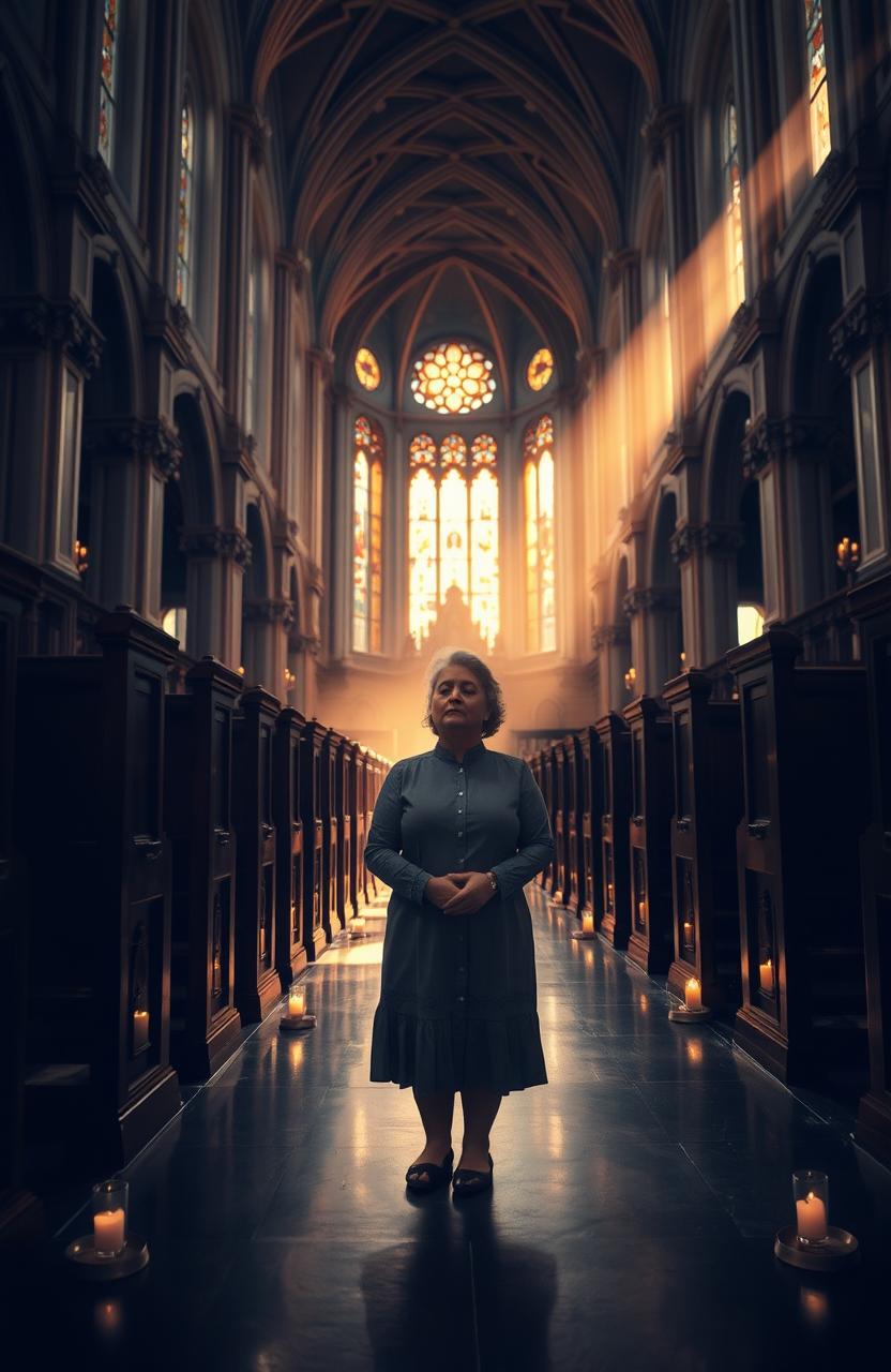 A serene interior of a grand church, showcasing an individual deeply engaged in prayer