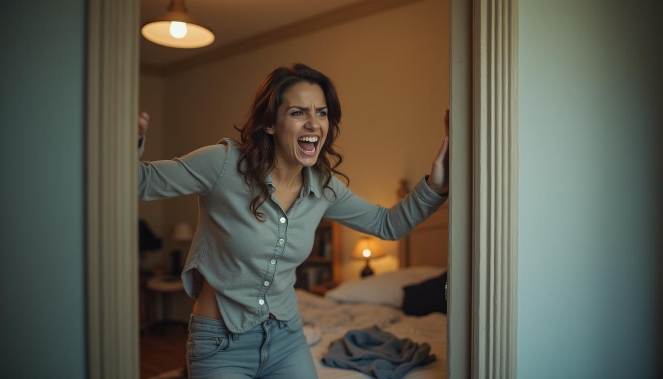 A woman slamming the door of a bedroom with intensity, showcasing an expressive gesture that conveys frustration