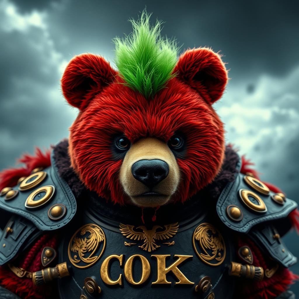 A fierce red bear dressed in ornate golden and black armor gazes intensely with a plush-like face, framed closely against a stormy background