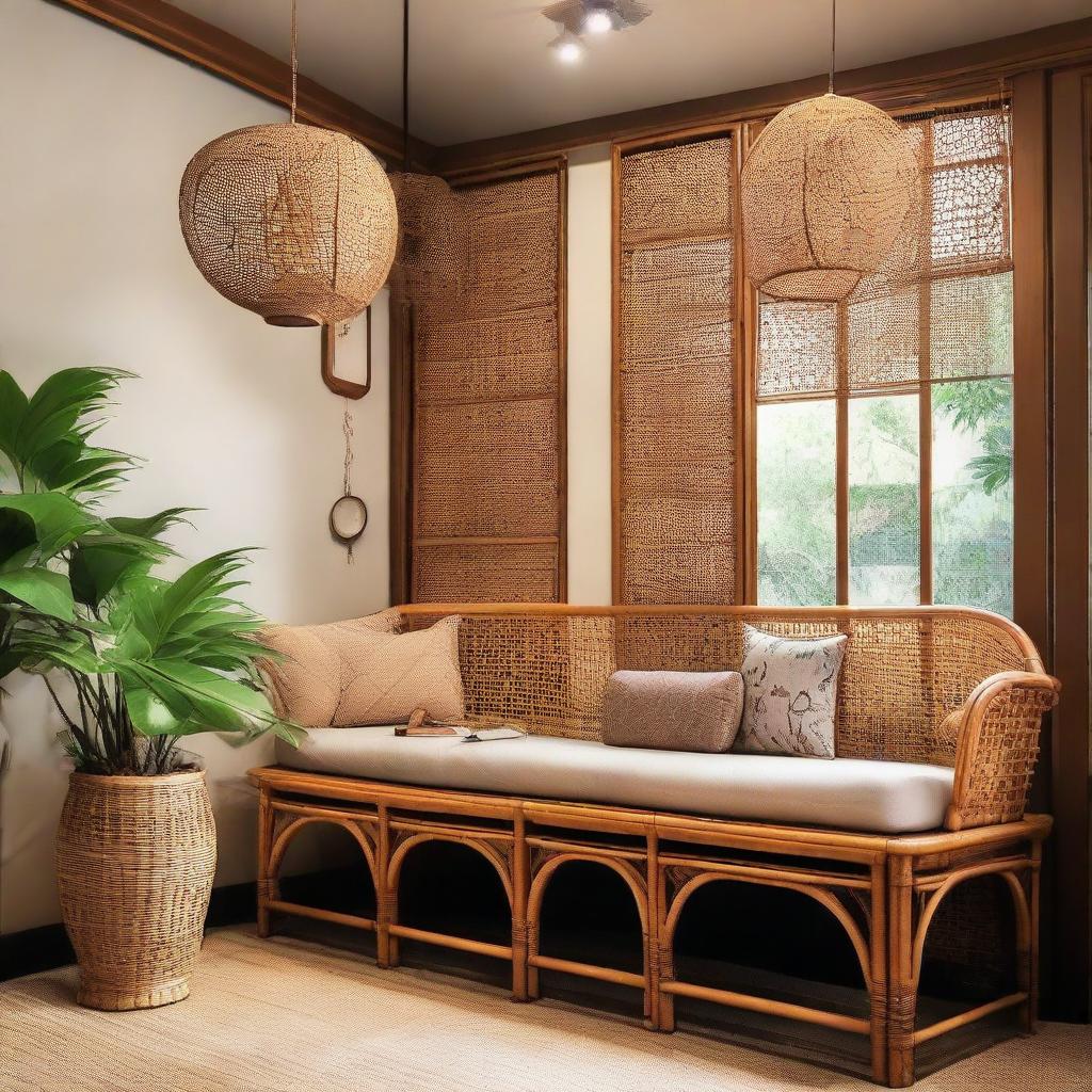 Add a touch of nostalgia to the family gathering scene in the gallery-like store, filled with rattan and bamboo benches. The scene is accentuated by 'Sayang' accessories that add to the warm, familial atmosphere.