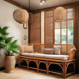 Add a touch of nostalgia to the family gathering scene in the gallery-like store, filled with rattan and bamboo benches. The scene is accentuated by 'Sayang' accessories that add to the warm, familial atmosphere.