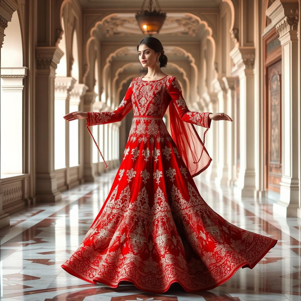 A graceful woman elegantly twirling in a breathtaking red Anarkali dress, richly adorned with intricate embroidery featuring elaborate floral and geometric patterns meticulously woven throughout the flowing fabric