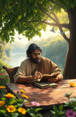 A beautiful digital painting of an Indian poet, with a thoughtful expression, sitting at a rustic wooden table under a lush green tree, surrounded by vibrant flowers and serene nature