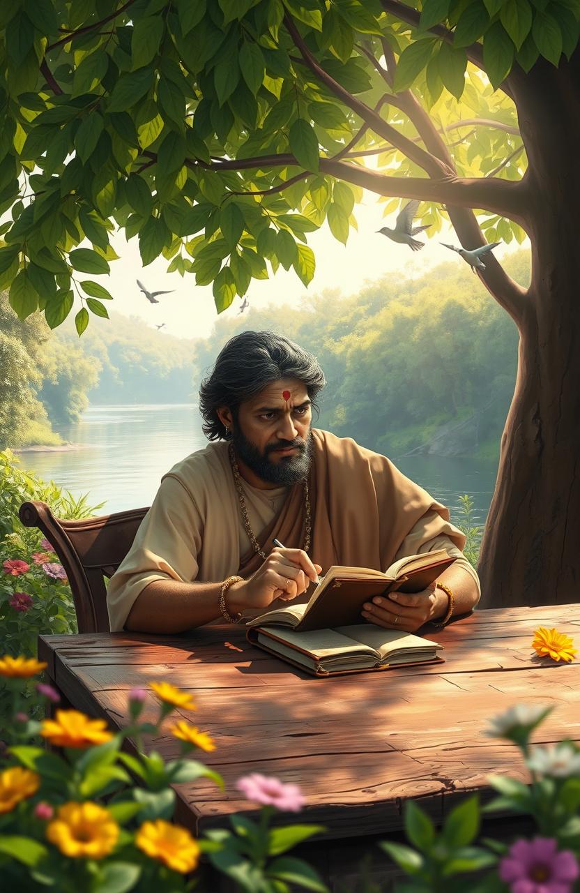 A beautiful digital painting of an Indian poet, with a thoughtful expression, sitting at a rustic wooden table under a lush green tree, surrounded by vibrant flowers and serene nature
