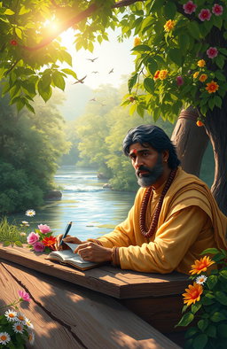 A beautiful digital painting of an Indian poet, with a thoughtful expression, sitting at a rustic wooden table under a lush green tree, surrounded by vibrant flowers and serene nature