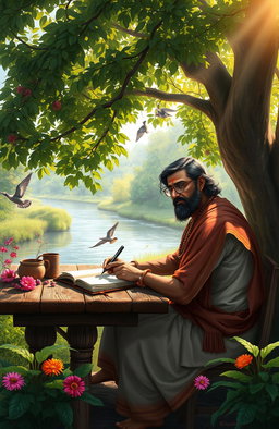 A beautiful digital painting of an Indian poet, with a thoughtful expression, sitting at a rustic wooden table under a lush green tree, surrounded by vibrant flowers and serene nature