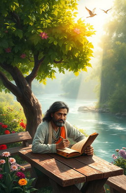 A beautiful digital painting of an Indian poet, with a thoughtful expression, sitting at a rustic wooden table under a lush green tree, surrounded by vibrant flowers and serene nature