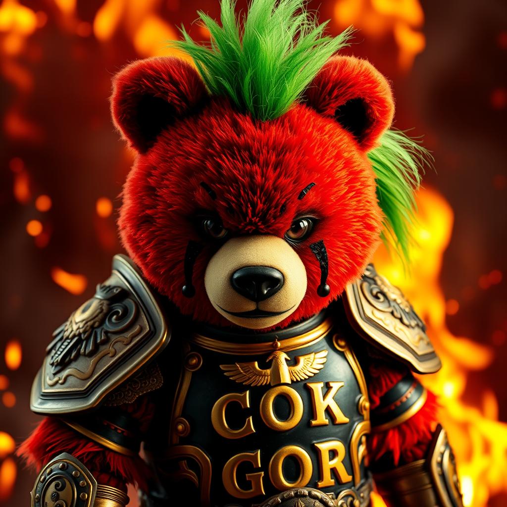 A fierce red bear dressed in ornate golden and black armor gazes intensely with a plush-like face, set against a dramatic background of roaring flames and glowing embers