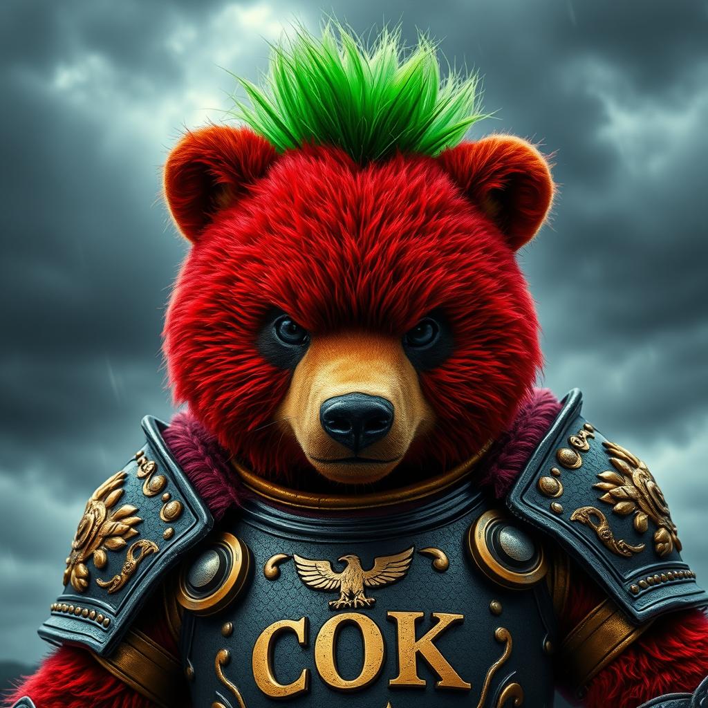 A fierce red bear dressed in ornate golden and black armor gazes intensely with a plush-like face, framed closely against a stormy background