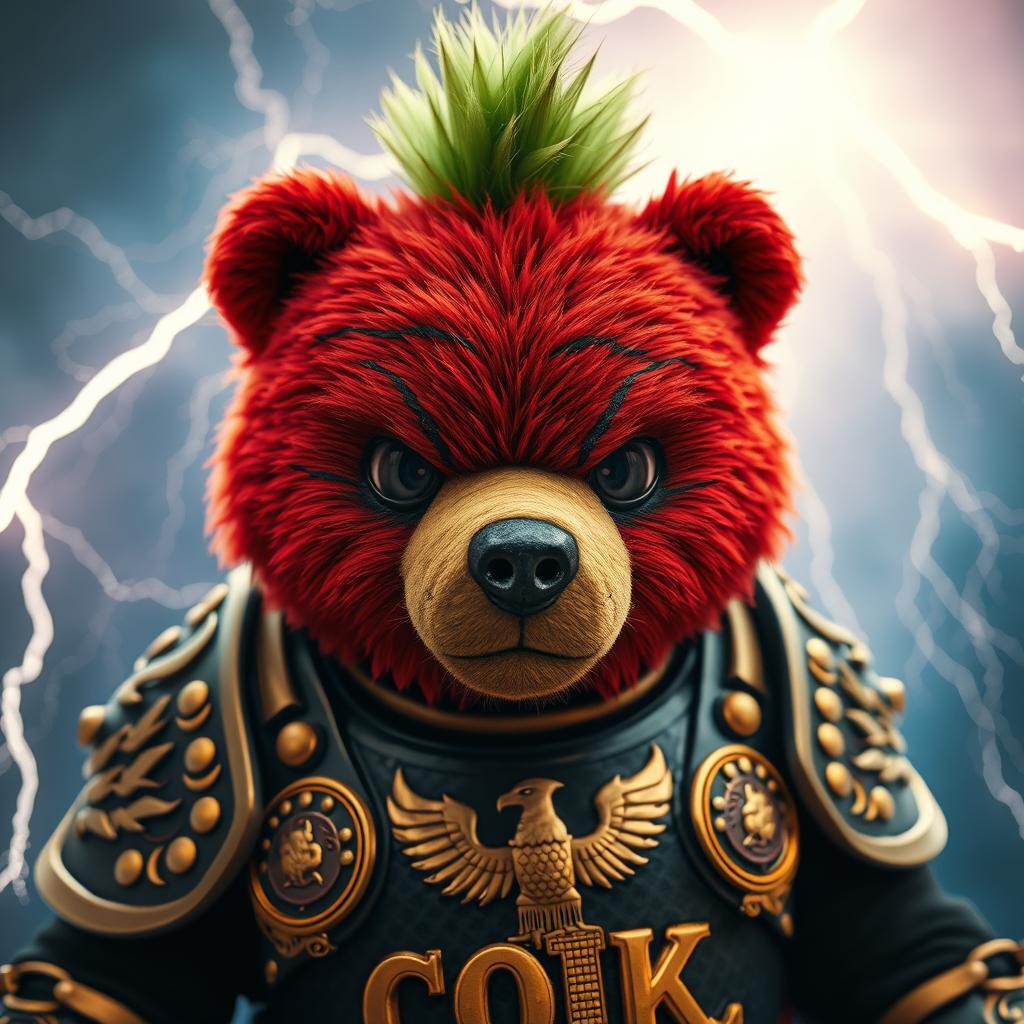A fierce red bear dressed in ornate golden and black armor gazes intensely with a plush-like face, framed closely against a dramatic background filled with vivid lightning bolts and crackling electricity