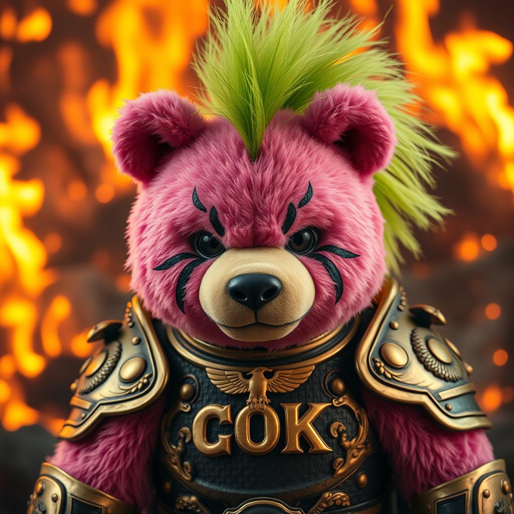 A fierce pink bear dressed in ornate golden and black armor gazes intensely with a plush-like face, set against a dramatic background of roaring flames and glowing embers