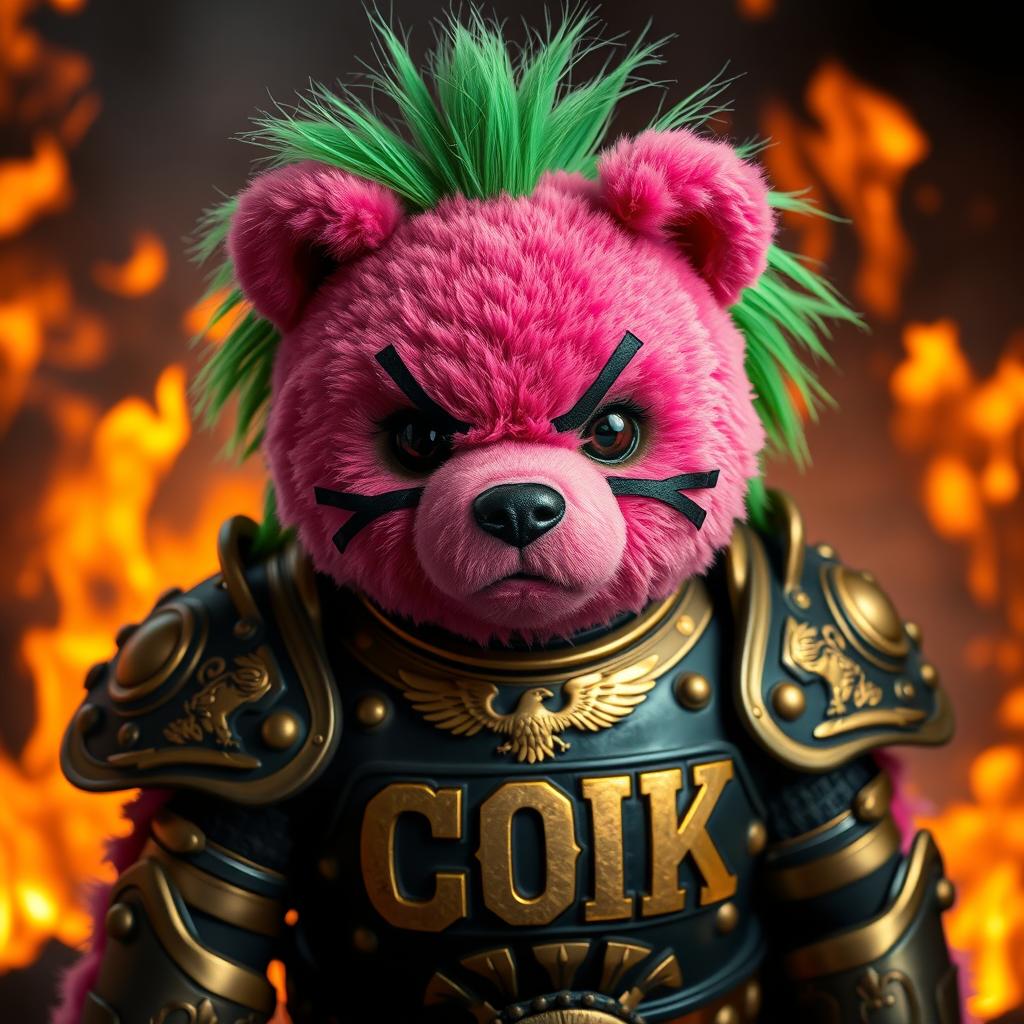 A fierce pink bear dressed in ornate golden and black armor gazes intensely with a plush-like face, set against a dramatic background of roaring flames and glowing embers