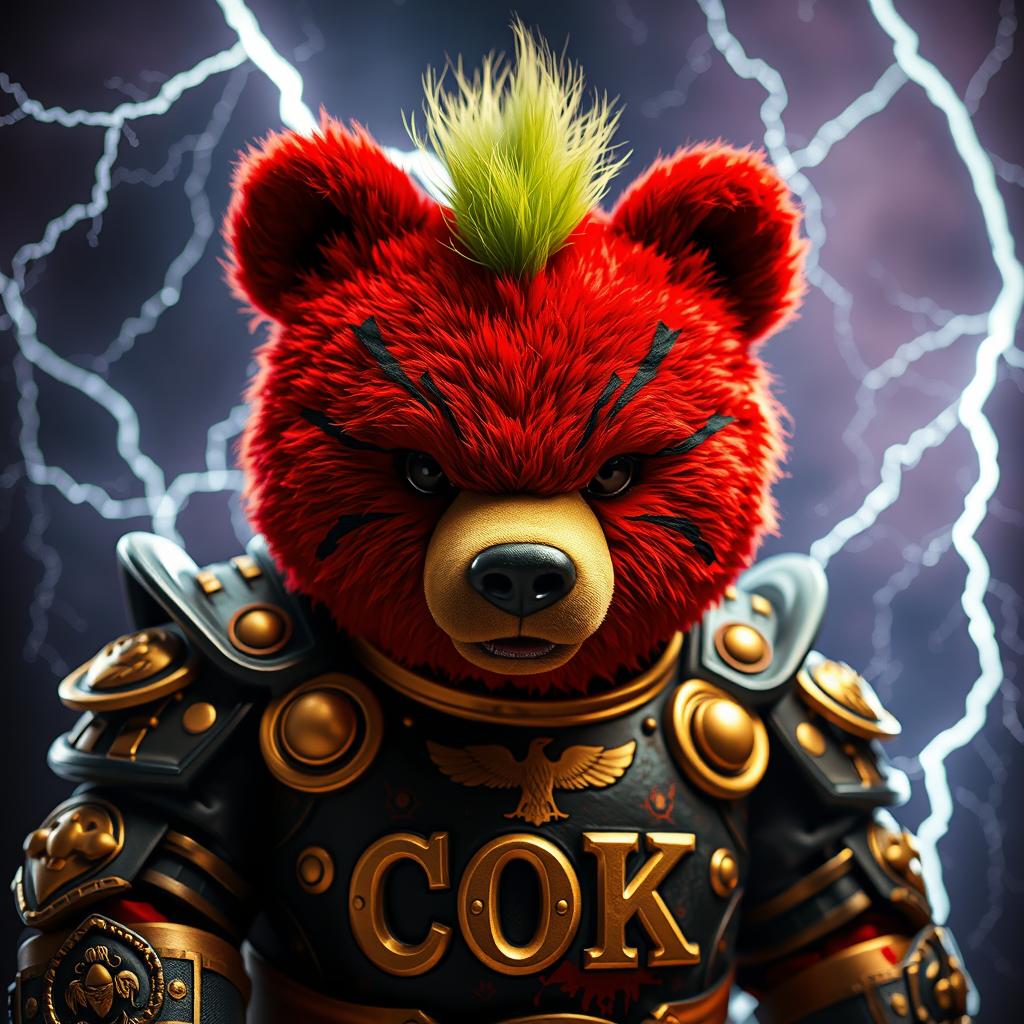 A fierce red bear dressed in ornate golden and black armor gazes intensely with a plush-like face, framed closely against a dramatic background filled with vivid lightning bolts and crackling electricity