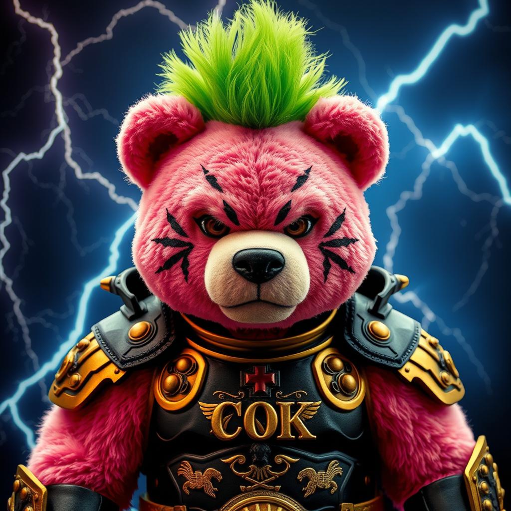 A fierce pink bear dressed in ornate golden and black armor gazes intensely with a plush-like face, set against a dramatic background filled with vivid lightning bolts and crackling electricity