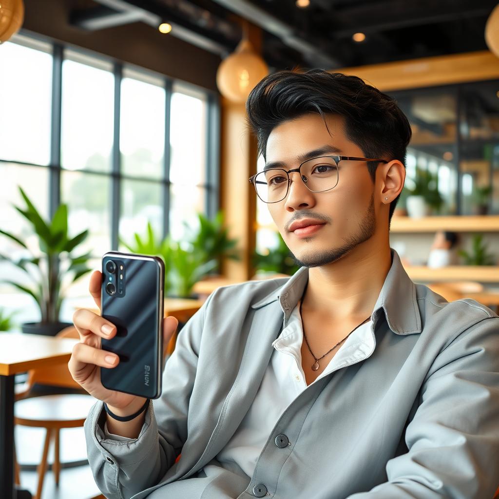 A stylish individual sitting in a modern cafe, casually holding a Xiaomi 15 Ultra smartphone in gray and black