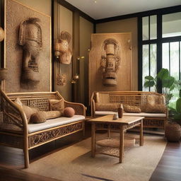 Conjure a cozy family gathering scene in the gallery-like store with rattan and bamboo benches, accentuated with wayang (traditional Indonesian puppet) accessories, enhancing the cultural richness of the setting.