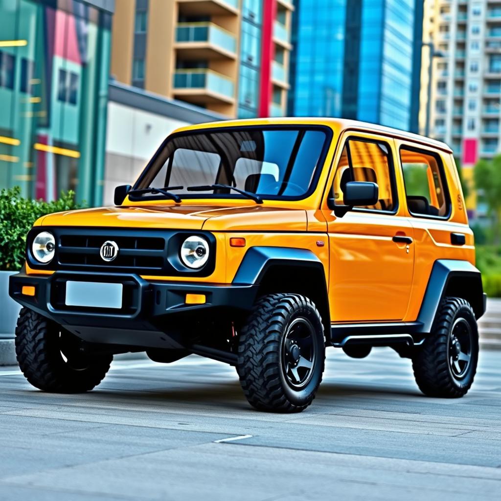 A modern interpretation of a 1986 Fiat Panda 4x4, designed with sleek lines and contemporary aesthetics, featuring a glossy finish and updated design elements