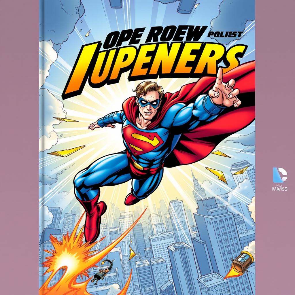 A dynamic comic book cover featuring a heroic superhero in mid-action pose, wearing a vibrant blue and red costume with a flowing cape