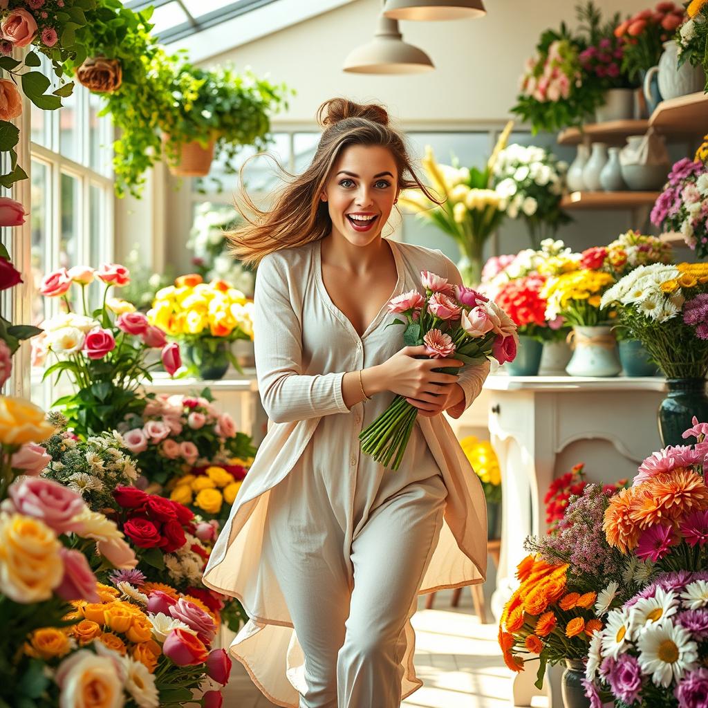 A dynamic scene capturing a woman in a hurry inside a vibrant flower shop, surrounded by an array of colorful flowers such as roses, tulips, and daisies