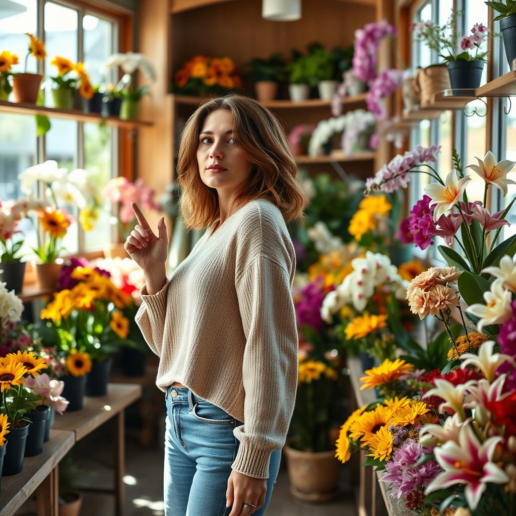 A warm and inviting scene depicting a woman inside a flower shop, looking around with a thoughtful expression as she searches for assistance