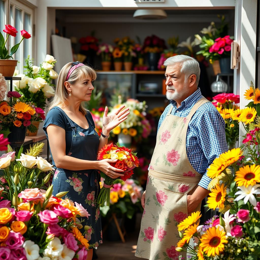 An engaging scene in a flower shop where a woman is trying to calm down an angry customer