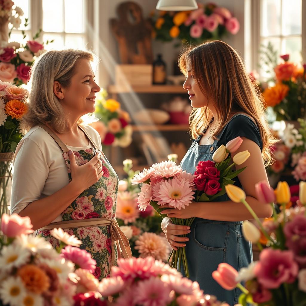 A heartfelt scene inside a flower shop where one woman is trying to calm down another female customer who appears distressed