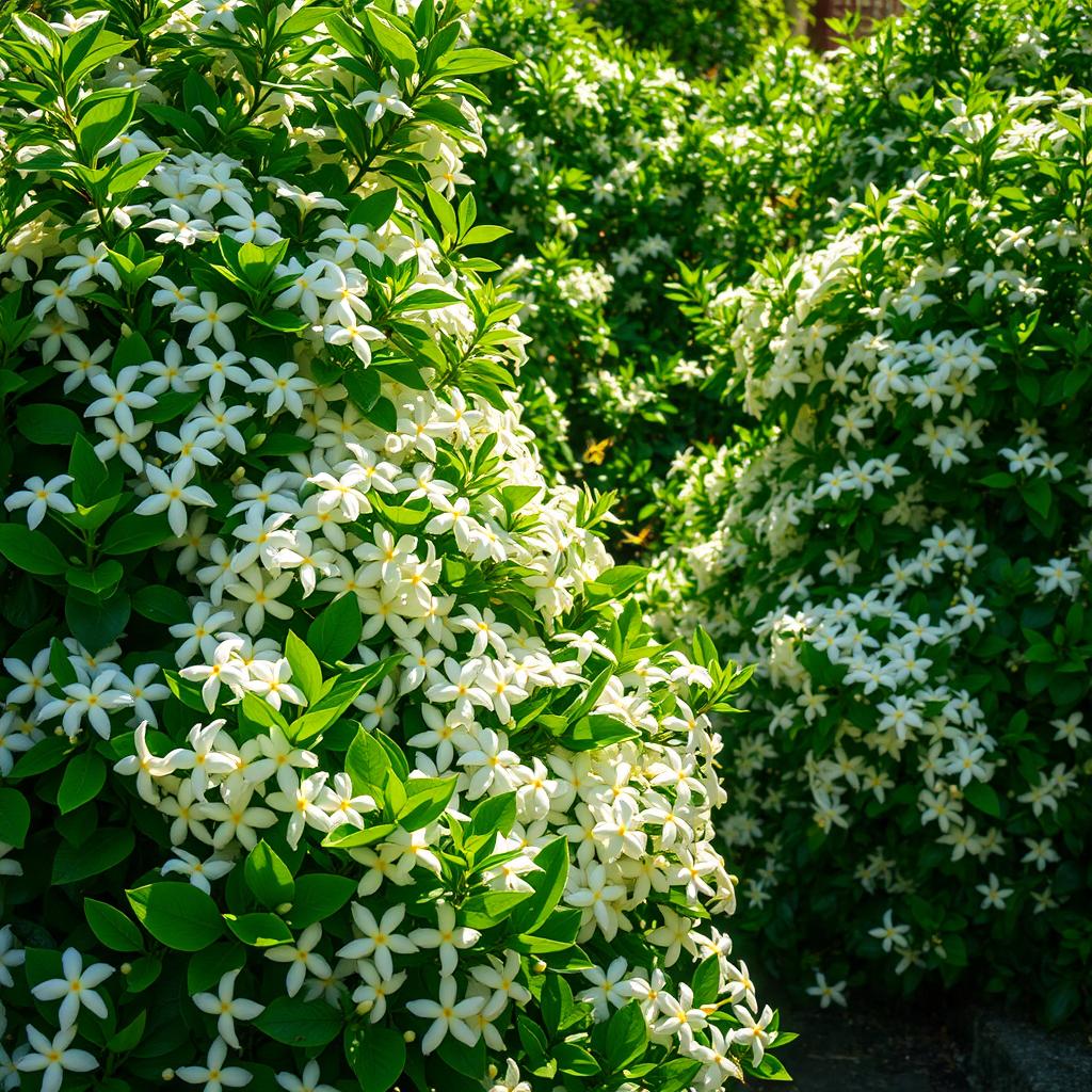 A stunning view of lush jasmine flower bushes in full bloom, showcasing an abundance of fragrant white and yellow blossoms
