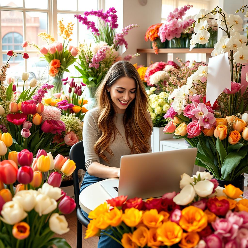 A vibrant scene inside a flower shop where a woman is enthusiastically blogging about her experience