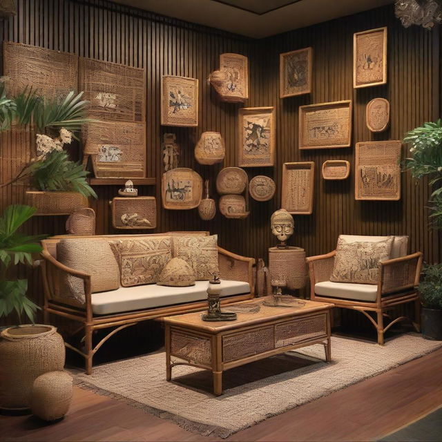 Conjure a cozy family gathering scene in the gallery-like store with rattan and bamboo benches, accentuated with wayang (traditional Indonesian puppet) accessories, enhancing the cultural richness of the setting.