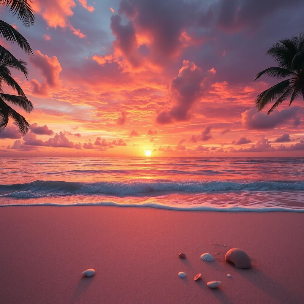 A stunning and serene sunset over a tranquil beach, with soft waves gently lapping at the shore