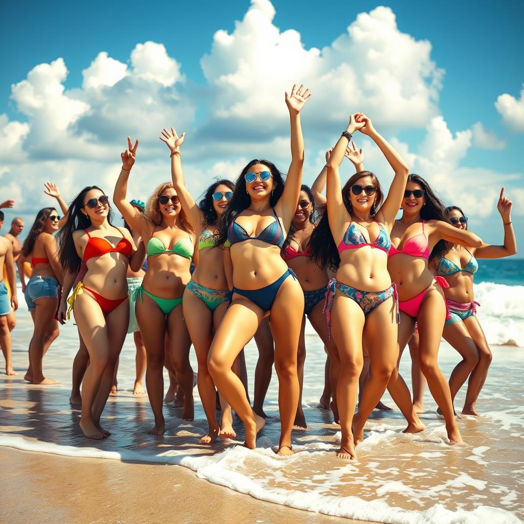 A vibrant scene depicting a group of confident and stylish individuals at a beach party celebrating freedom
