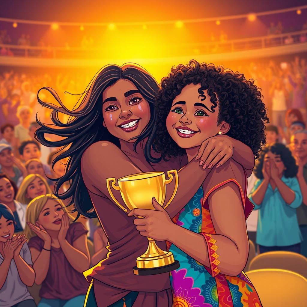 A vibrant and emotional scene capturing the moment of triumph for two friends, Amna and Dastia, as they celebrate winning a competition