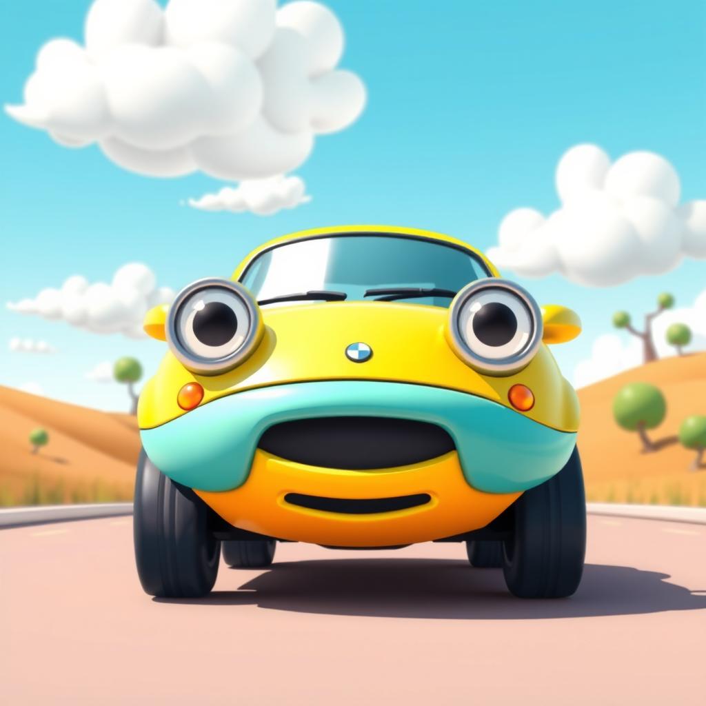A cartoon-style car viewed in a 3/4 perspective from a low horizon line, showcasing vibrant colors and exaggerated features typical of animated vehicles
