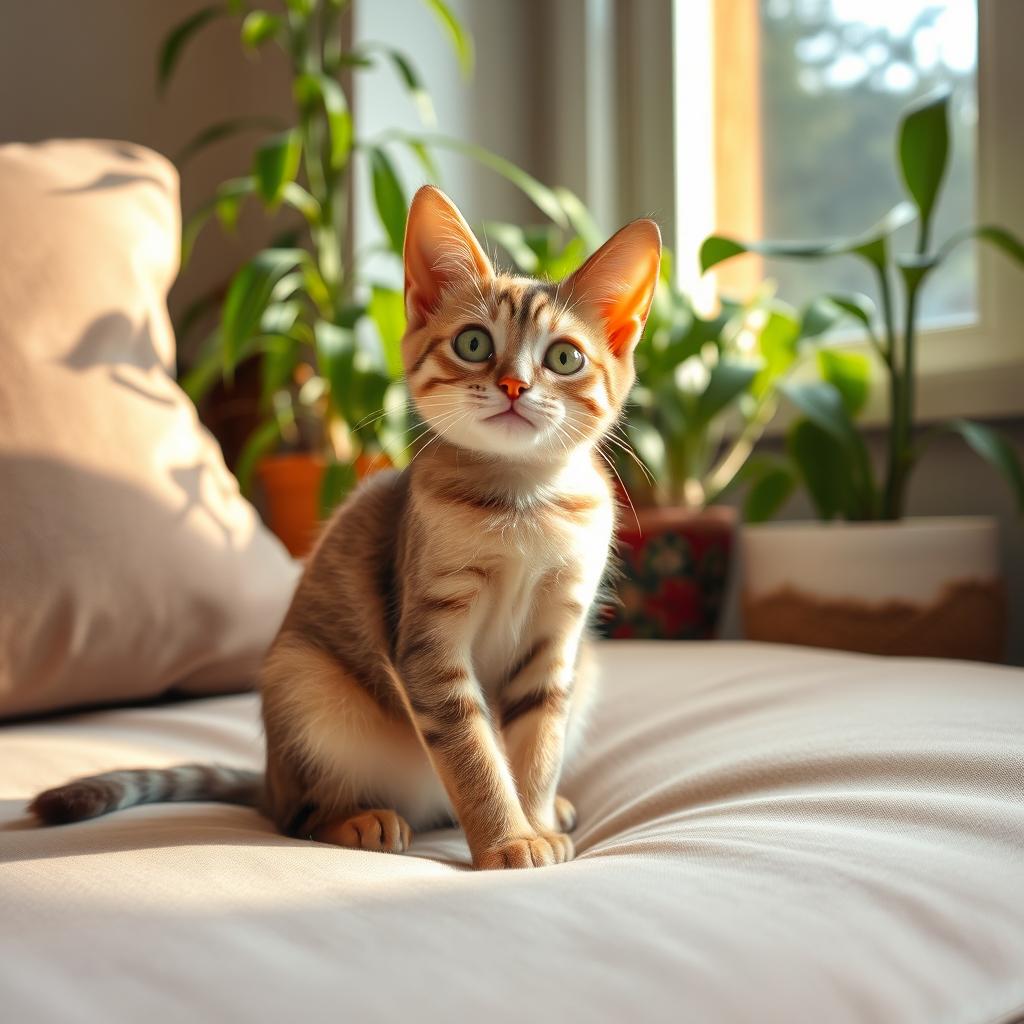A charming and playful cat sitting gracefully on a soft fabric couch, sunlight streaming through a nearby window highlighting its smooth fur