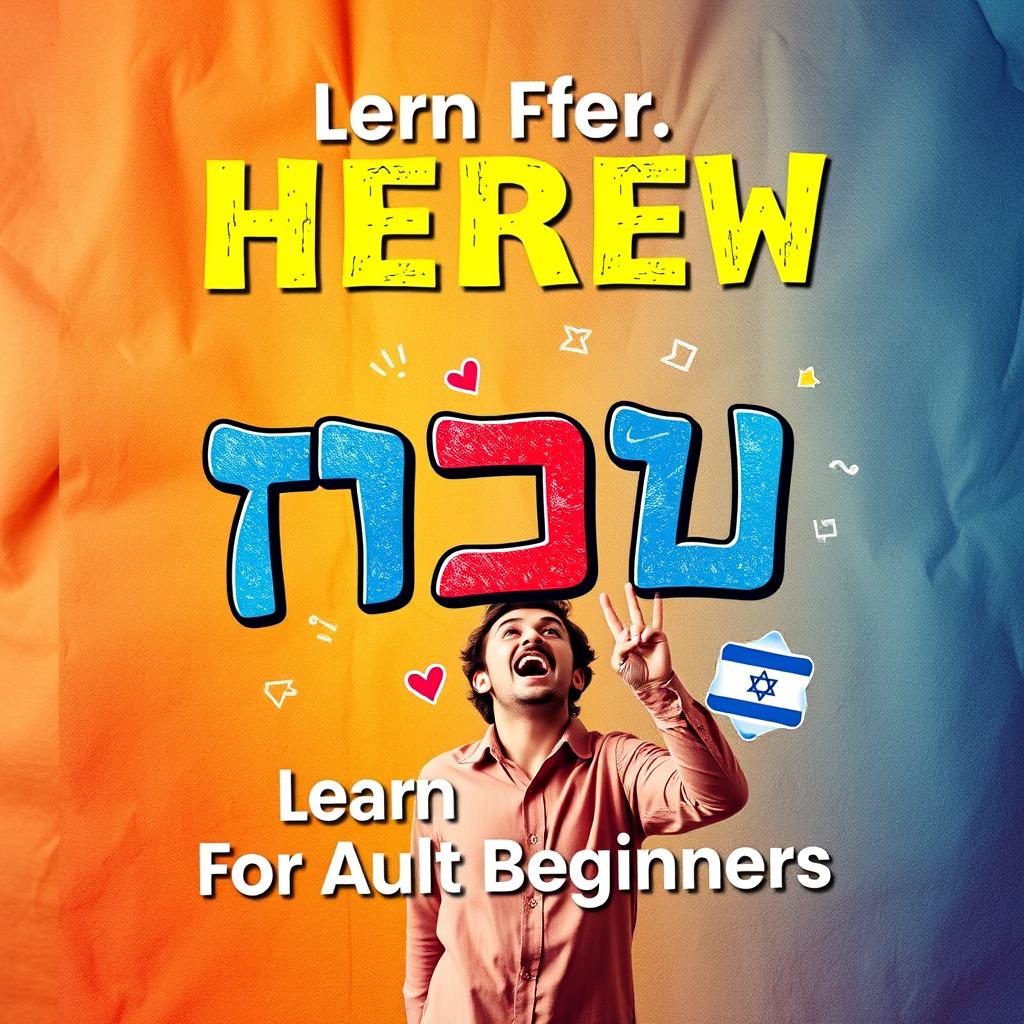 A visually engaging cover for an adult Hebrew language learning book, featuring the title 'Learn Hebrew for Adult Beginners'