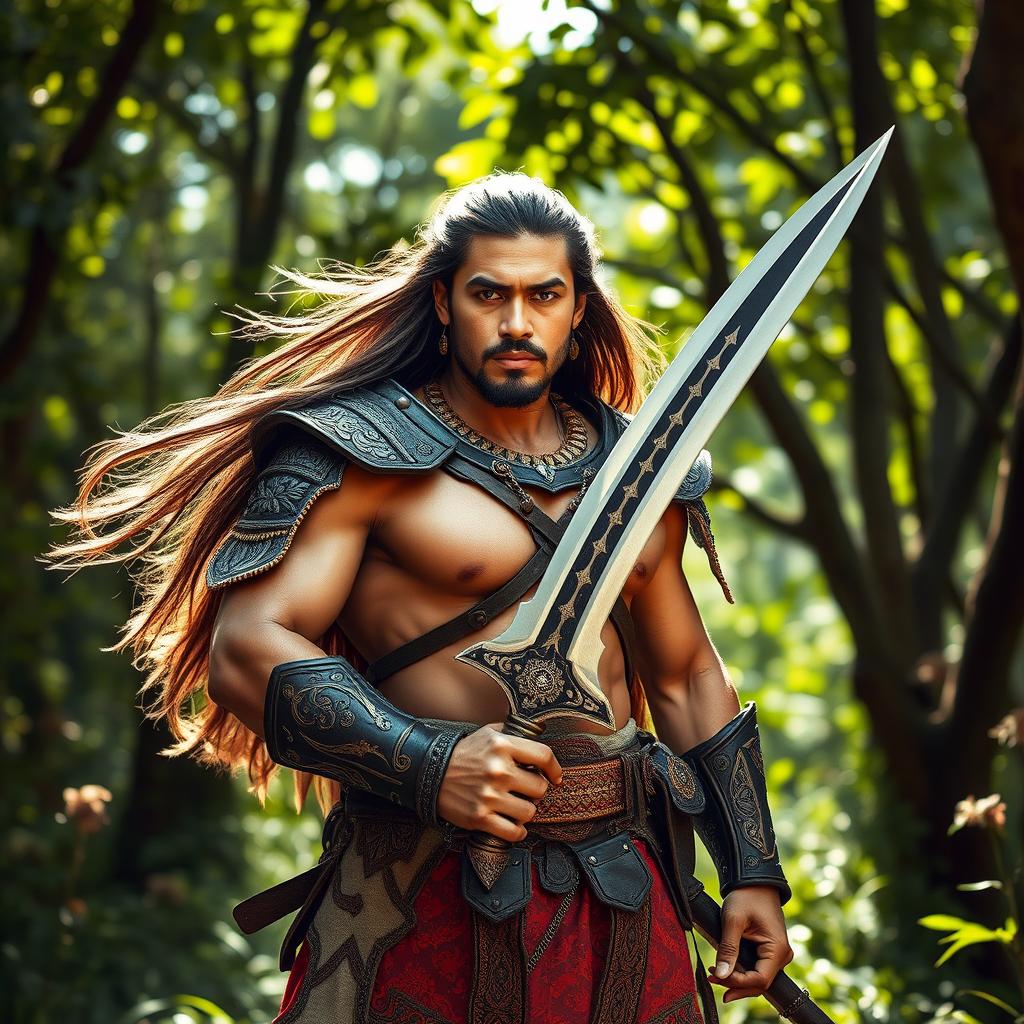 A majestic Javanese warrior with long flowing hair, dressed in intricate traditional armor adorned with ornate designs