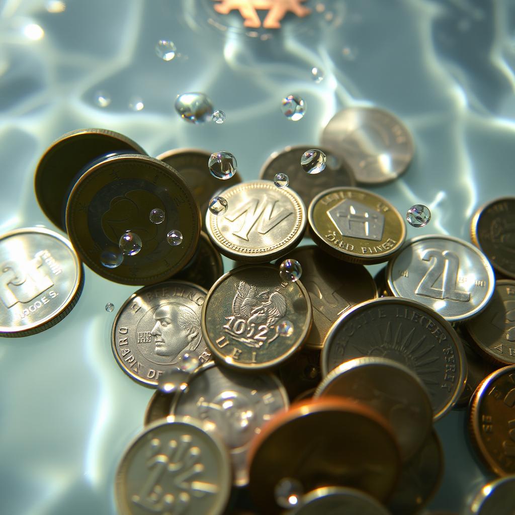 A close-up shot of a variety of coins submerged in clear water, with sunlight streaming through the water surface, creating beautiful reflections and shimmering patterns