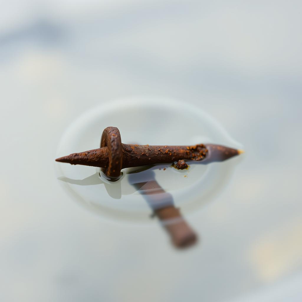 A close-up view of a rusting nail submerged in clear water, with visible water ripples around it