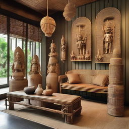 Conjure a cozy family gathering scene in the gallery-like store with rattan and bamboo benches, accentuated with wayang (traditional Indonesian puppet) accessories, enhancing the cultural richness of the setting.