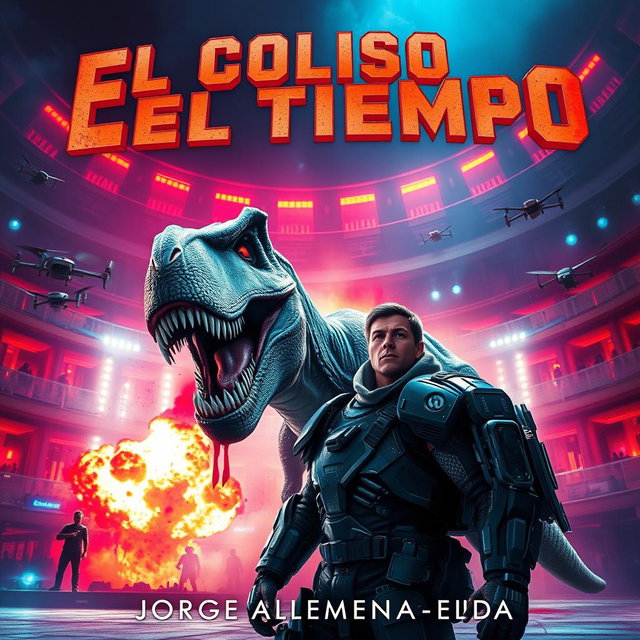 A dramatic and futuristic coliseum filled with vibrant neon lights, where a fierce Tyrannosaurus Rex bursts onto the scene, its teeth bared and blood spattered around, creating a sense of danger