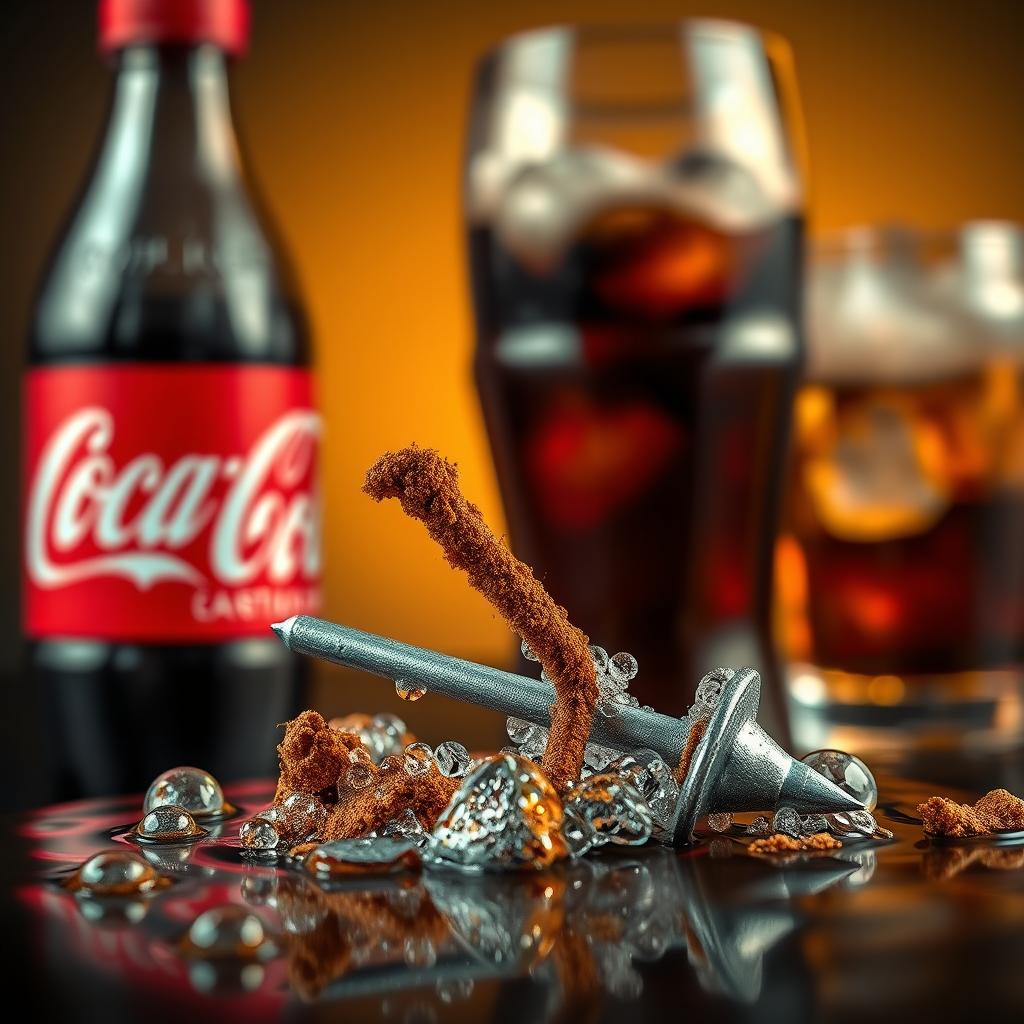 A creative visualization of a nail submerged in Coca-Cola for a month, showcasing the effects of corrosion and rust