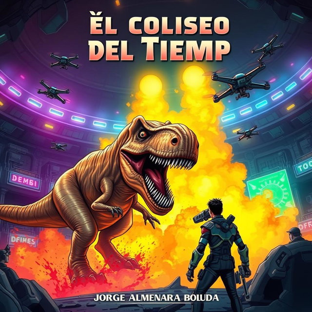 A vividly illustrated futuristic coliseum, bathed in neon lights and surrounded by advanced technology, where a fierce Tyrannosaurus Rex bursts onto the scene, its sharp teeth bared and blood splattering around, depicting a thrilling moment of danger